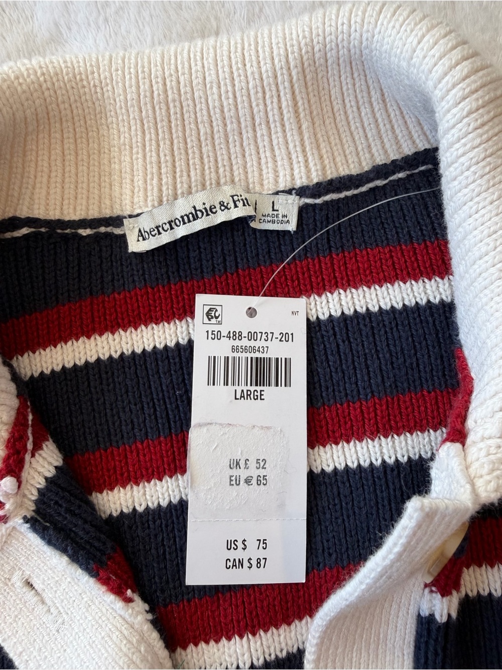 Abercrombie & Fitch Navy, Red & White Striped V-Neck Rugby Sweater - Picture 2 of 3